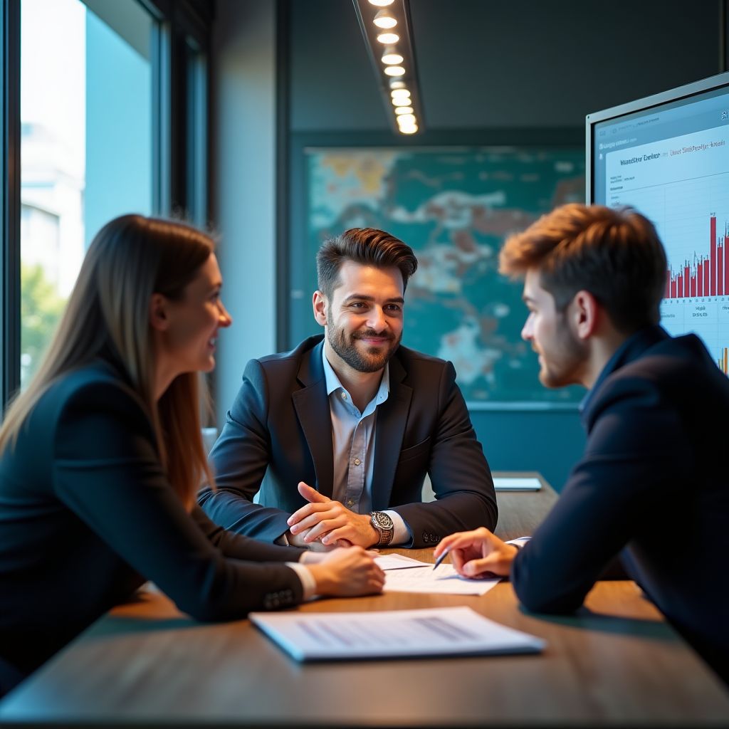 Fundadores de FinanzApp trabajando en oficina moderna